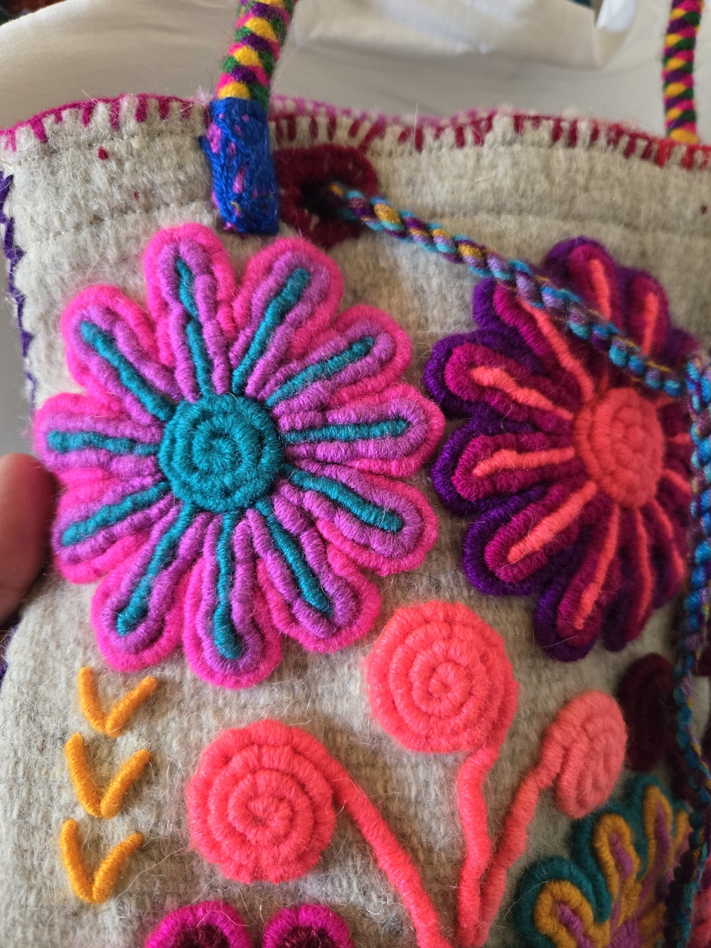 Handmade Floral Wool Tote Bag - Pink Multicolor